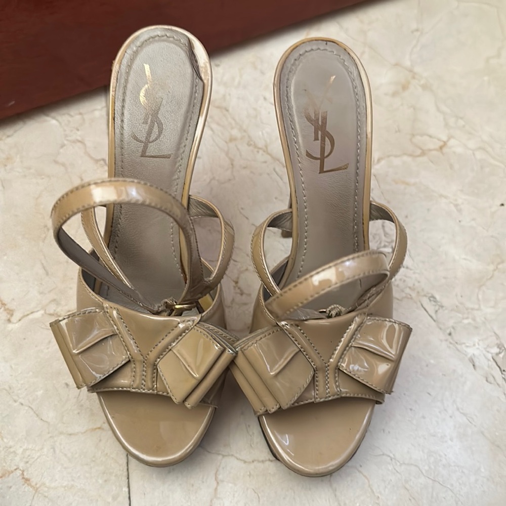 Used YSL platform sandals scuffed slight damage repair done to the lower heel